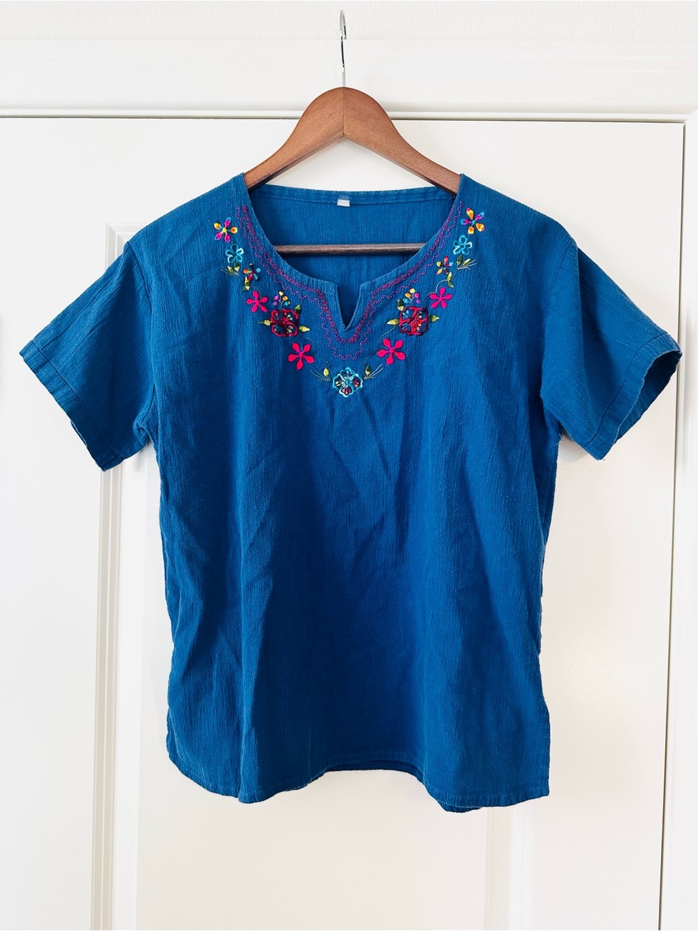 Blue Embroidered V Neck Peasant Blouse Boho Cottagecore Fall Medium